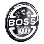 Kiegészítő LED lámpa terepjárókhoz, ATV, SSV, "BOSS" felirattal és funkciók: Távolsági fény, Tompított fény, Jelzés, Pozíció, tápfeszültség 9 - 36V, átmérő Ø170 mm