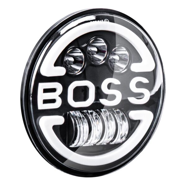 Kiegészítő LED lámpa terepjárókhoz, ATV, SSV, "BOSS" felirattal és funkciók: Távolsági fény, Tompított fény, Jelzés, Pozíció, tápfeszültség 9 - 36V, átmérő Ø170 mm