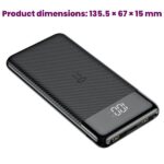 Újratölthető akkumulátor, Powerbank 10 000 mAh, LED kijelző, Li-Po, 2 X USB, 1 X USB-C, 37 Wh, 135,5 × 67 × 15 mm, fekete - Kép 3