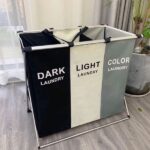 Összecsukható és vízálló szennyeskosár, 3 rekeszes, alumínium kerettel és oxford kendővel, 135 L, 65,5 x 39,5 x 60 cm, Többszínű - Kép 3