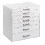 Doboz ékszerekhez és órákhoz, 5 fiók, tükör, MDF és bársony, 30,2 x 21 x 31,3 cm, fehér - Kép 2