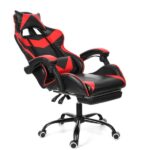 Játékszék, Ergonomikus ökológiai bőrből, Magas háttámla, Deréktámasz, Lábtámasz és behúzható fejtámla, Fekete/piros - Kép 2