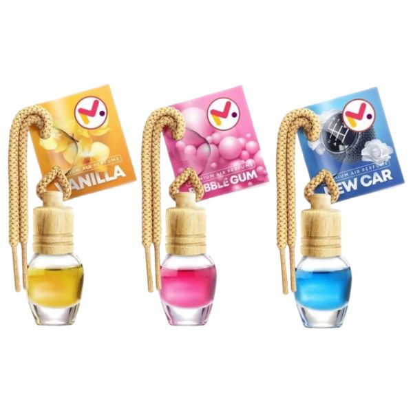 Set-3-Odorizante-Auto-in-Sticla-cu-Snur-si-Capac-din-lemn-Arome-Vanilie-New-Car-si-Bubble-Gum-8-ml 3 db autós légfrissítő készlet, zsinórral és fából készült kupakkal, vanília, új autós és rágógumi ízekkel, 8 ml - Kép 1