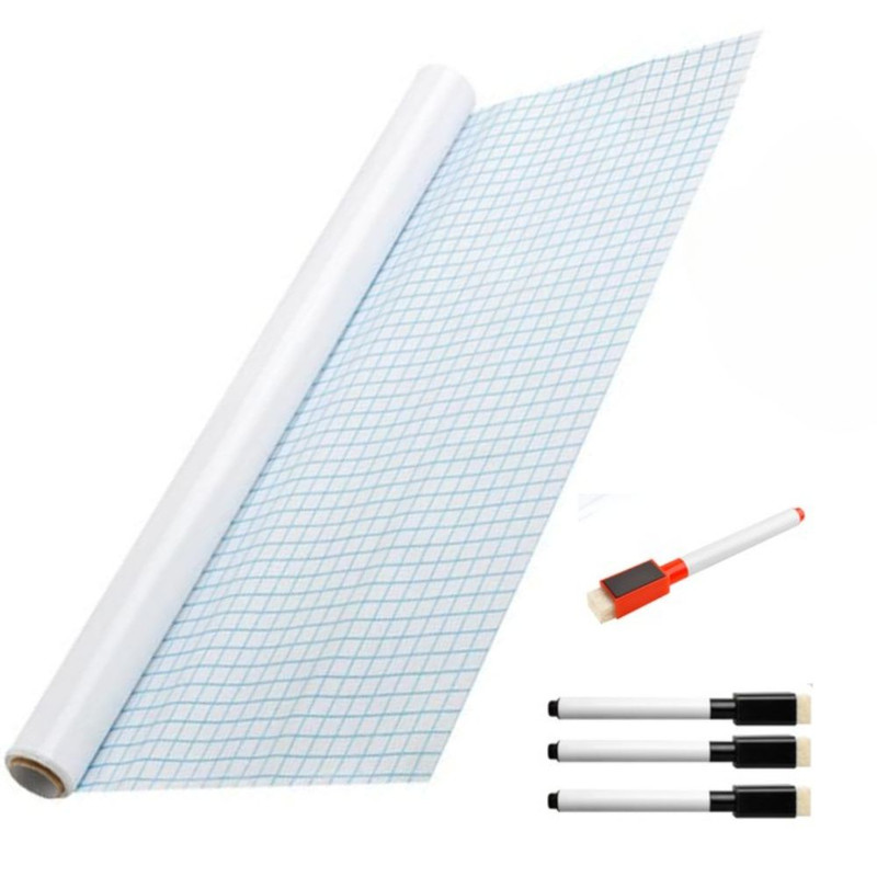 Set-Rola-de-hartie-autoadeziva-si-reutilizabila-pentru-scris-si-desenat-si-4-markere-cu-magnet-si-burete-200-x-45-cm Készlet Öntapadó és újrafelhasználható papírtekercs íráshoz és rajzoláshoz, valamint 4 jelölő mágnessel és szivaccsal, 200 x 45 cm - Kép 1