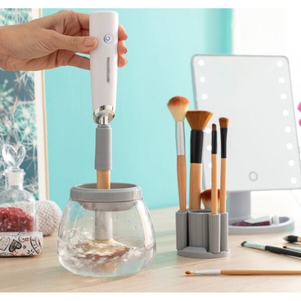 InnovaGoods V409 Sminkecset tisztító, automata, 8 tartozék, tisztítótál, sebesség 7000 ford./perc, tápellátás 2 elem AAA 1,5V, fehér/szürke