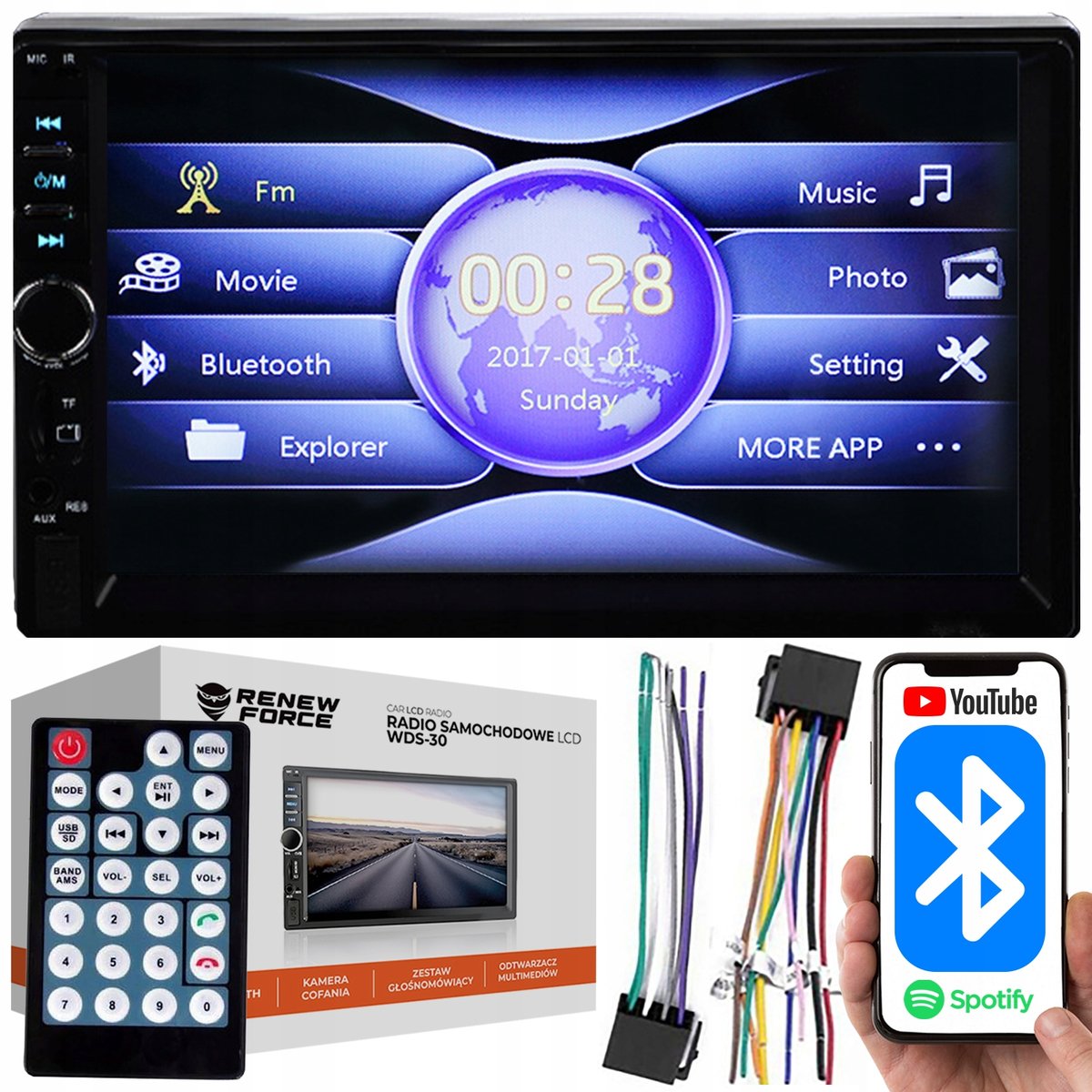 player-video-auto-wds-30 Automatikus videolejátszó, 2DIN méretű, 7 hüvelykes érintőképernyő, 4 x 50 W, WDS-30 modell Bluetooth-val, kihangosító, rádió, MP3, WMA, MP4, AUX, kártya, távirányító, fordított kamera funkci - Kép 1