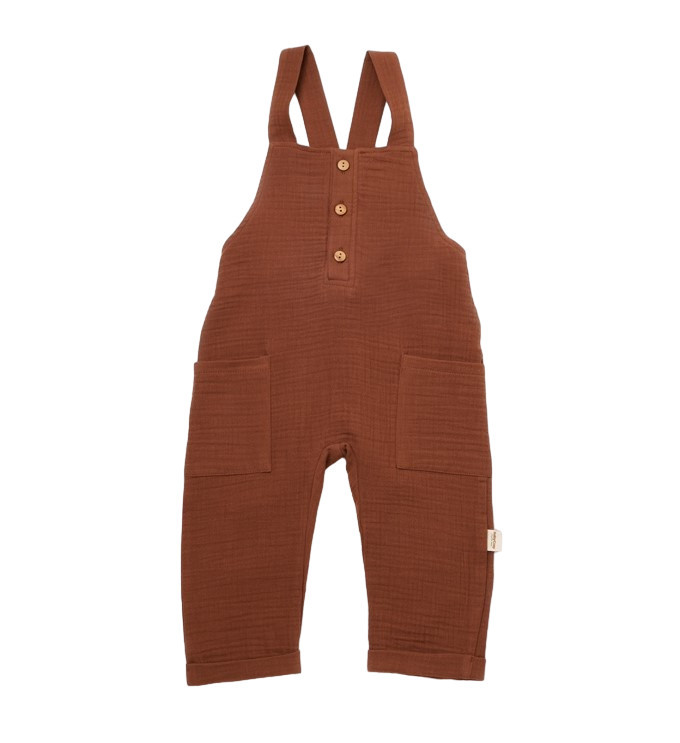 salopeta-de-vara-cu-buzunare-din-muselina-babycosy-100-bumbac-organic10834 Nyári jumpsuit muszlinzsebekkel, babycosy, 100% organikus pamut, tégla (méret: 9-12 hónap) - Kép 1