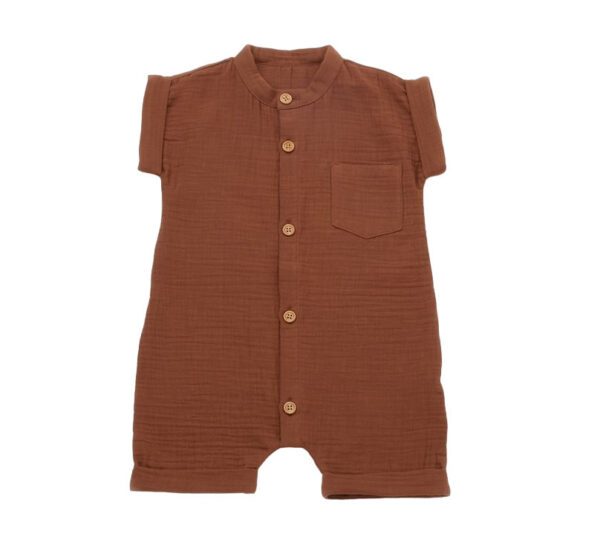 Nyári jumpsuit muszlinban, babycosy, 100% organikus pamut, tégla (méret: 9-12 hónap)