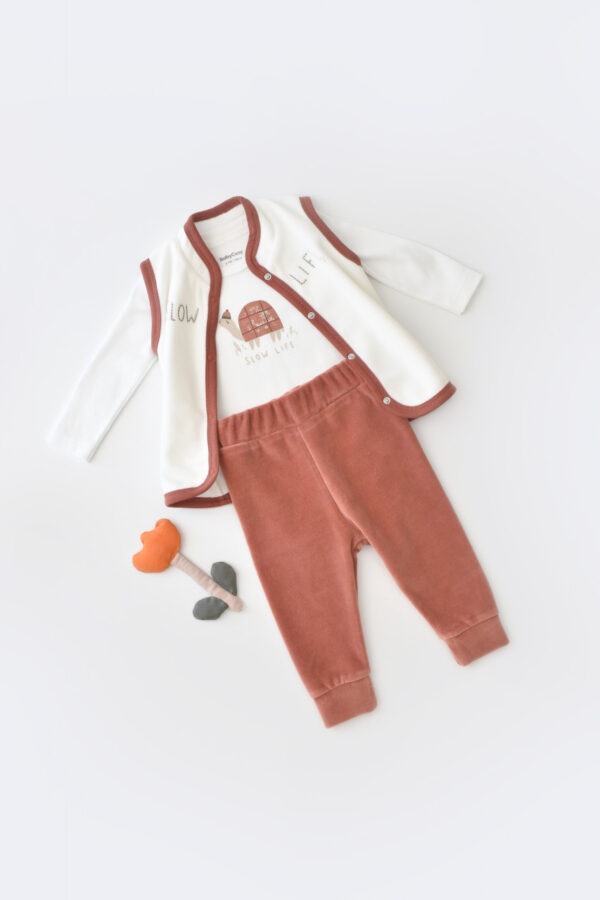 3 béka darab test, nadrág és nyugati 80% organikus pamut és 20% poliészter - tégla, babycosy (méret: 6-9 hónap)