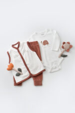 3 béka darab test, nadrág és nyugati 80% organikus pamut és 20% poliészter - tégla, babycosy (méret: 6-9 hónap) - Kép 2