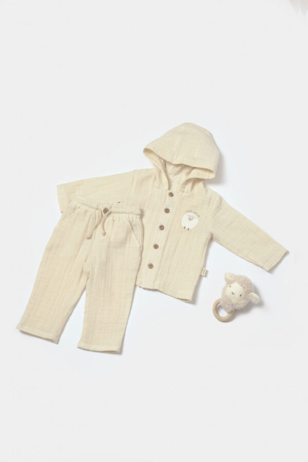 Hailp és nadrág blúzkészlet, téli muselin, 100% pamut - kő, babycosy (méret: 3-6 hónap)